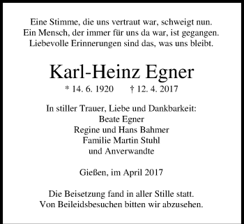 Traueranzeige von Karl-Heinz Egner von Giessener Allgemeine, Alsfelder Allgemeine