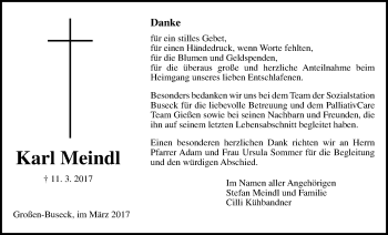 Traueranzeige von Karl Meindl von Giessener Allgemeine, Alsfelder Allgemeine