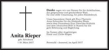 Traueranzeige von Anita Rieper von Giessener Allgemeine, Alsfelder Allgemeine