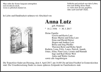 Traueranzeige von Anna Lutz von Giessener Allgemeine, Alsfelder Allgemeine