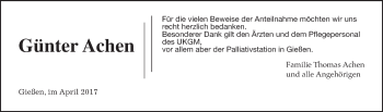 Traueranzeige von Günter Achen von Giessener Allgemeine, Alsfelder Allgemeine