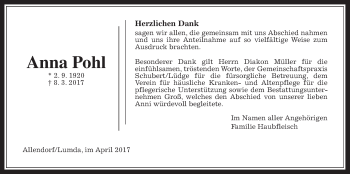Traueranzeige von Anna Pohl von Allendorfer Mitteilungen