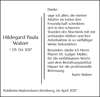Traueranzeige von Hildegard Paula Walzer von Pohlheimer Nachrichten