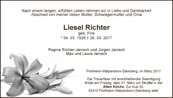 Traueranzeige von Liesel Richter von Giessener Allgemeine, Alsfelder Allgemeine