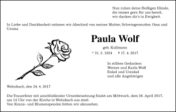 Traueranzeige von Paula Wolf von Giessener Allgemeine, Alsfelder Allgemeine, Wetterauer Zeitung, Wetterauer Zeitung