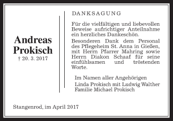 Traueranzeige von Andreas Prokisch von Giessener Allgemeine, Alsfelder Allgemeine
