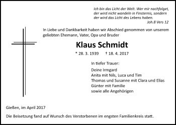 Traueranzeige von Klaus Schmidt von Giessener Allgemeine, Alsfelder Allgemeine