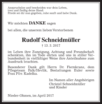 Traueranzeige von Rudolf Schneidmüller von Alsfelder Allgemeine