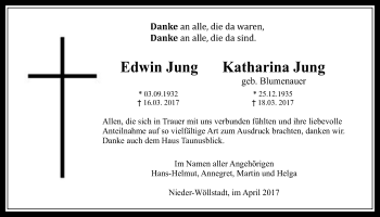 Traueranzeige von Katharina und Edwin Jung von Wetterauer Zeitung, Wetterauer Zeitung