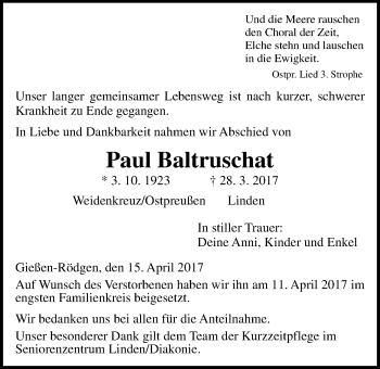 Traueranzeige von Paul Baltruschat von Giessener Allgemeine, Alsfelder Allgemeine