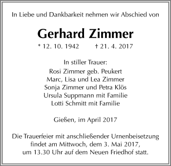 Traueranzeige von Gerhard Zimmer von Giessener Allgemeine, Alsfelder Allgemeine
