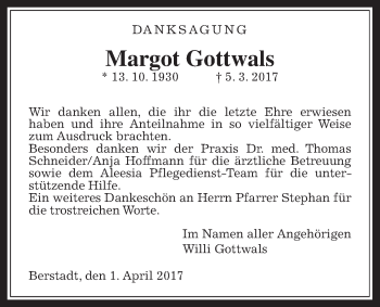 Traueranzeige von Margot Gottwals von Wetterauer Zeitung, Wetterauer Zeitung