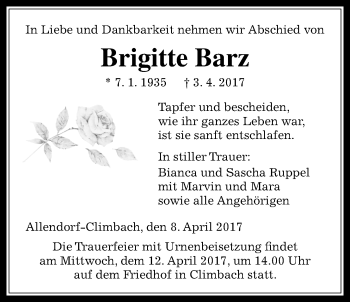 Traueranzeige von Brigitte Barz von Giessener Allgemeine, Alsfelder Allgemeine
