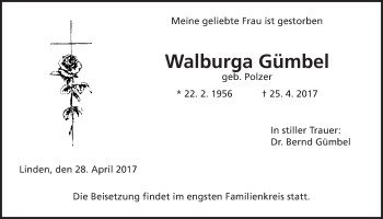 Traueranzeige von Walburga Gümbel von Giessener Allgemeine, Alsfelder Allgemeine