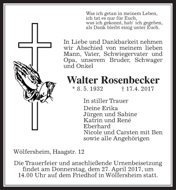 Traueranzeige von Walter Rosenbecker von Wetterauer Zeitung, Wetterauer Zeitung