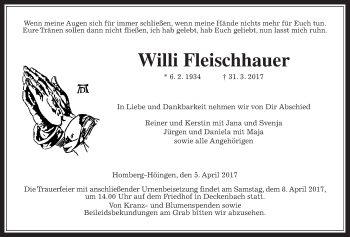 Traueranzeige von Willi Fleischhauer von Giessener Allgemeine, Alsfelder Allgemeine