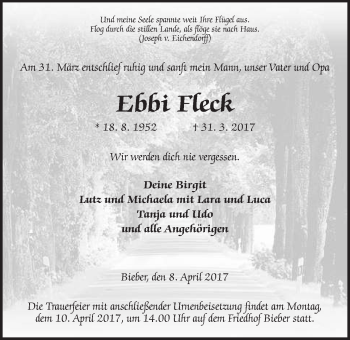 Traueranzeige von Ebbi Fleck von Giessener Allgemeine, Alsfelder Allgemeine