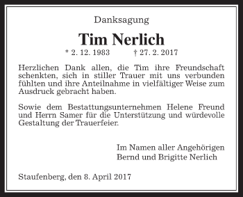 Traueranzeige von Tim Nerlich von Giessener Allgemeine, Alsfelder Allgemeine