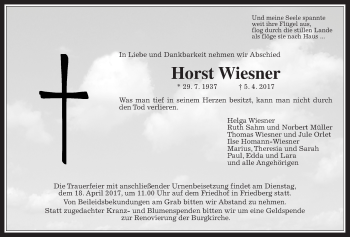 Traueranzeige von Horst Wiesner von Wetterauer Zeitung, Wetterauer Zeitung