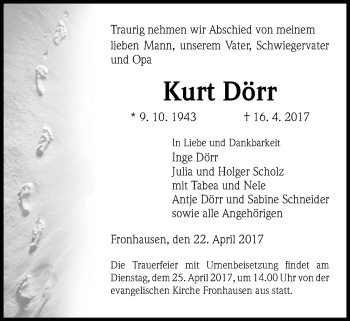 Traueranzeige von Kurt Dörr von Alsfelder Allgemeine
