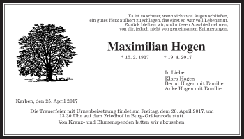 Traueranzeige von Maximilian Hogen von Wetterauer Zeitung, Wetterauer Zeitung