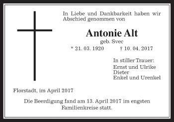 Traueranzeige von Antonie Alt von Wetterauer Zeitung, Wetterauer Zeitung