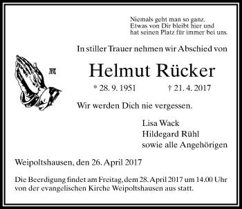 Traueranzeige von Helmut Rücker von Giessener Allgemeine, Alsfelder Allgemeine
