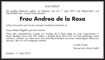 Traueranzeige von Andrea de la Rosa von Wetterauer Zeitung, Wetterauer Zeitung