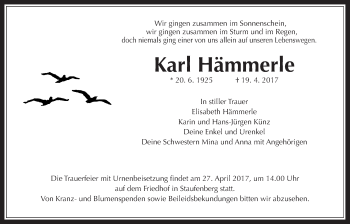 Traueranzeige von Karl Hämmerle von Giessener Allgemeine, Alsfelder Allgemeine