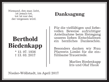 Traueranzeige von Berthold Biedenkapp von Wetterauer Zeitung, Wetterauer Zeitung