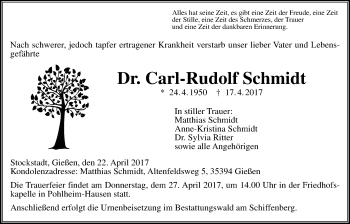 Traueranzeige von Carl-Rudolf Schmidt von Giessener Allgemeine, Alsfelder Allgemeine