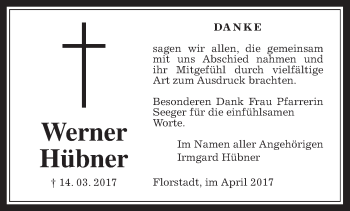 Traueranzeige von Werner Hübner von Wetterauer Zeitung, Wetterauer Zeitung