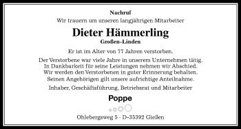 Traueranzeige von Dieter Hämmerling von Giessener Allgemeine, Alsfelder Allgemeine