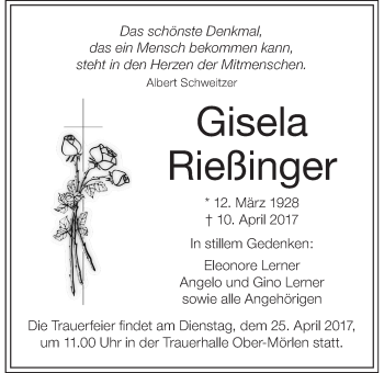 Traueranzeige von Gisela Rießinger von Wetterauer Zeitung, Wetterauer Zeitung
