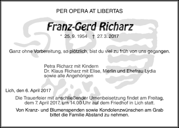 Traueranzeige von Franz-Gerd Richarz von Licher Wochenblatt, Licher Wochenblatt, Licher Wochenblatt
