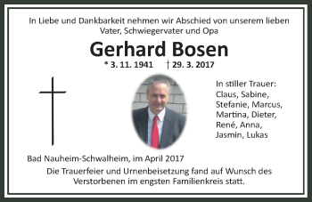 Traueranzeige von Gerhard Bosen von Wetterauer Zeitung, Wetterauer Zeitung