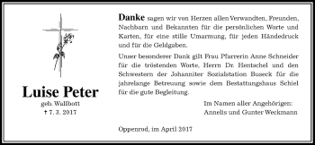Traueranzeige von Luise Peter von Giessener Allgemeine, Alsfelder Allgemeine