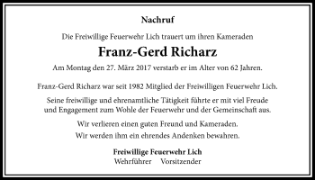Traueranzeige von Franz-Gerd Richarz von Licher Wochenblatt, Licher Wochenblatt, Licher Wochenblatt