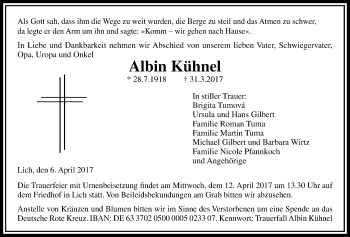 Traueranzeige von Albin Kühnel von Licher Wochenblatt, Licher Wochenblatt, Licher Wochenblatt