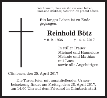 Traueranzeige von Reinhold Bötz von Giessener Allgemeine, Alsfelder Allgemeine