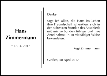 Traueranzeige von Hans Zimmermann von Giessener Allgemeine, Alsfelder Allgemeine