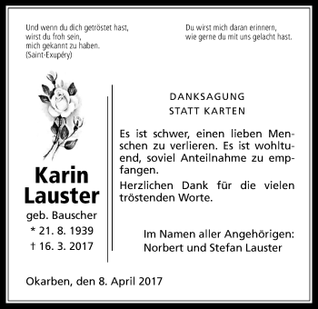 Traueranzeige von Karin Lauster von Wetterauer Zeitung, Wetterauer Zeitung