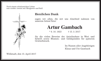 Traueranzeige von Artur Gambach von Wetterauer Zeitung, Wetterauer Zeitung