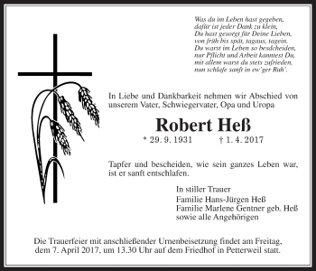 Traueranzeige von Robert Heß von Wetterauer Zeitung