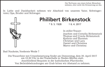 Traueranzeige von Philibert Birkenstock von Wetterauer Zeitung, Wetterauer Zeitung