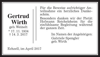 Traueranzeige von Gertrud Wirth von Wetterauer Zeitung, Wetterauer Zeitung
