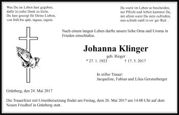 Traueranzeige von Johanna Klinger von Giessener Allgemeine, Alsfelder Allgemeine