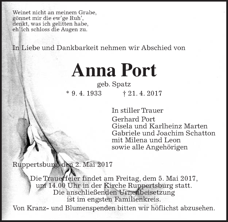  Traueranzeige für Anna Port vom 02.05.2017 aus Giessener Allgemeine, Alsfelder Allgemeine