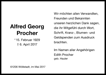 Traueranzeige von Alfred Georg Procher von Wetterauer Zeitung, Wetterauer Zeitung