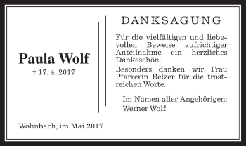 Traueranzeige von Paula Wolf von Wetterauer Zeitung, Wetterauer Zeitung